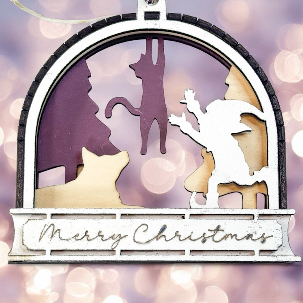 Handmade Layered Wood Ornament – Cat & Elf Christmas Scene • “Merry Christmas”